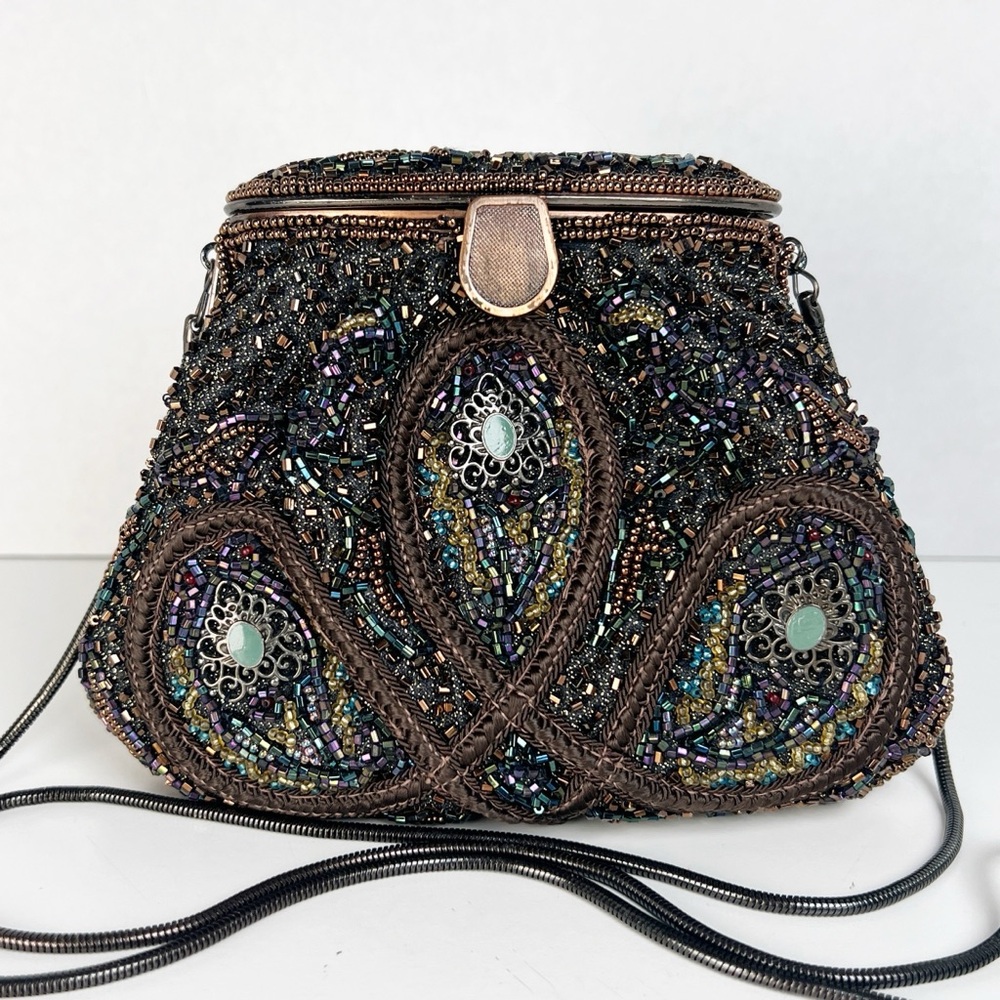 SHARMARK Los Vegas Women’s Small Vintage Bronze Black Beaded Bag‎ Clutch Chain